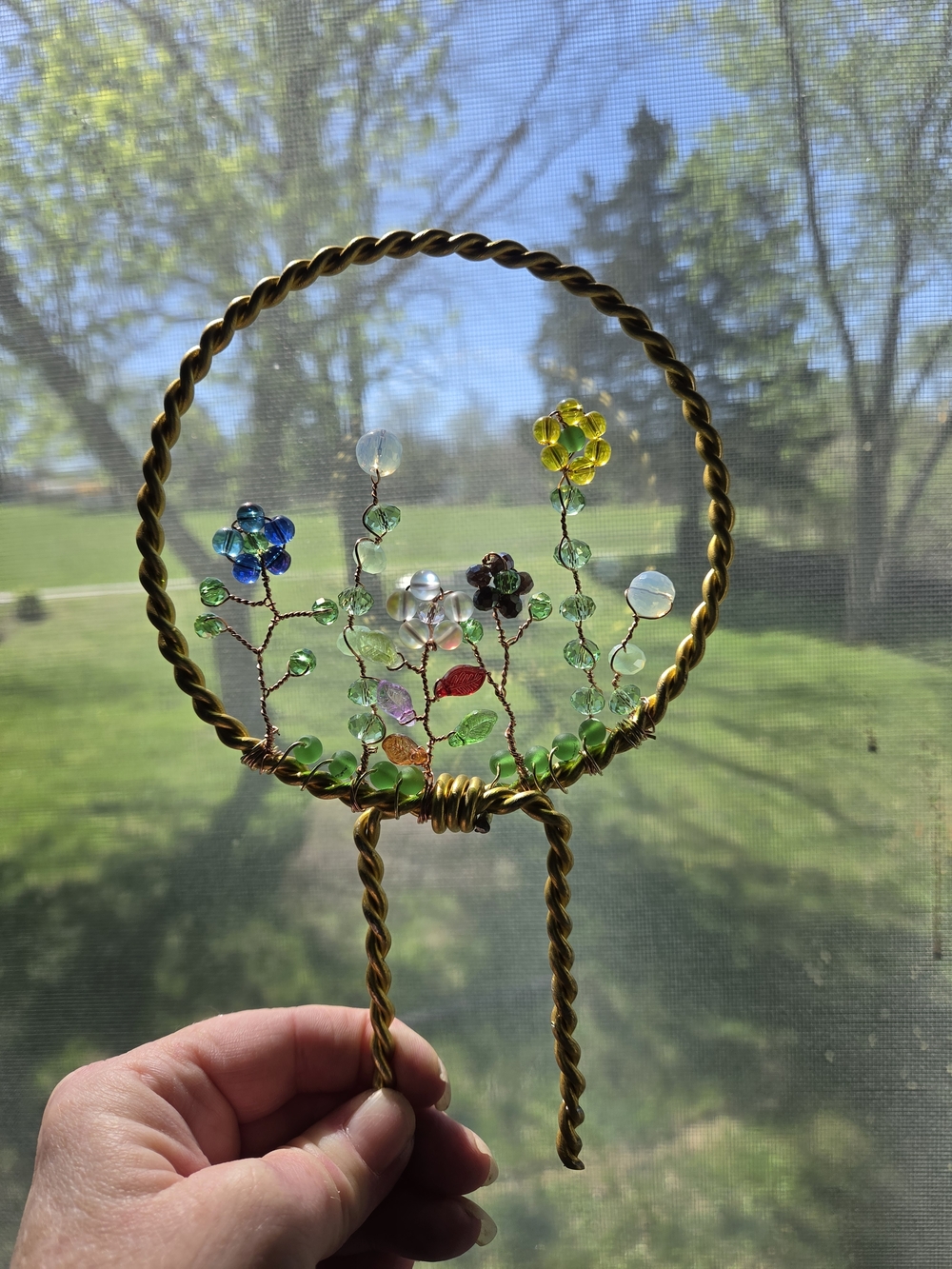 Handmade Gold Wire Trellis with Multicolor Beads